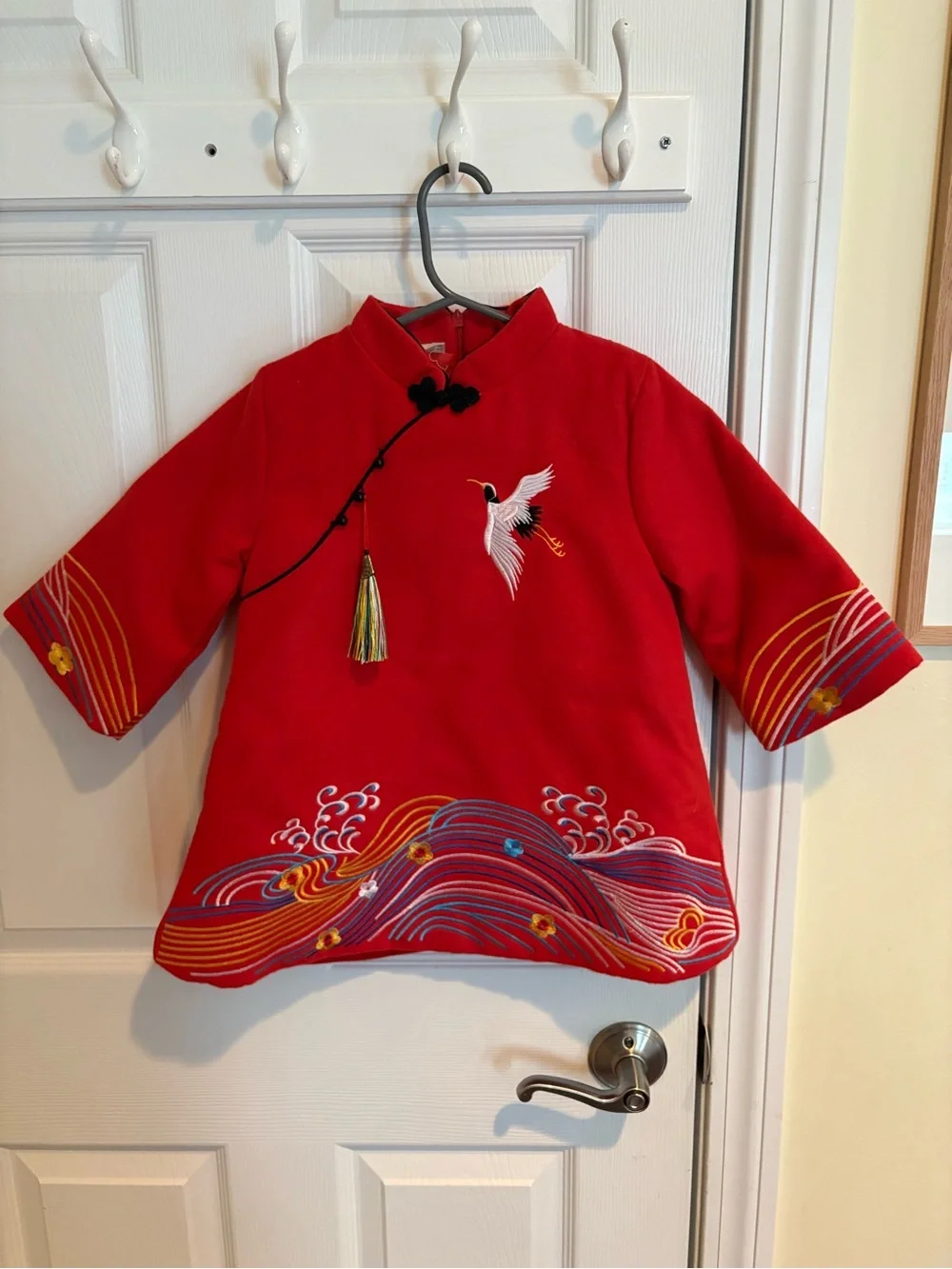 Red Embroidered Crane Tunic Top
